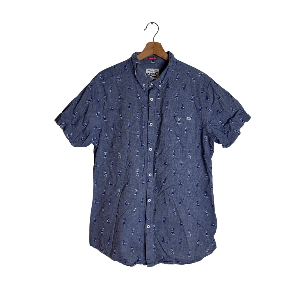 Lost Shirt Men's Hula Pinup Girl Short Sleeve Button Down Blue Large